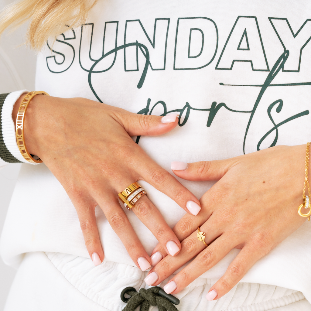 Triple Band Ring with Roman Numerals, 18K Gold Plated