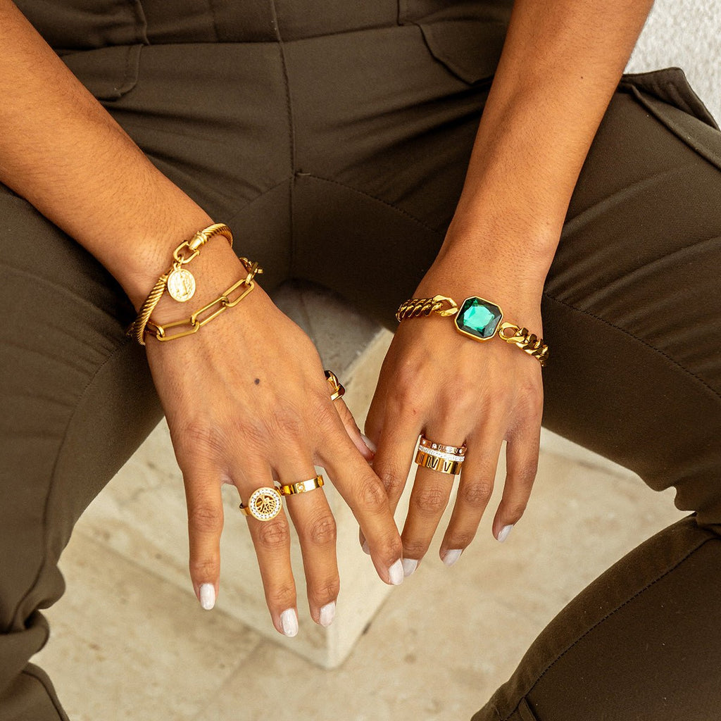 Triple Band Ring with Roman Numerals, 18K Gold Plated