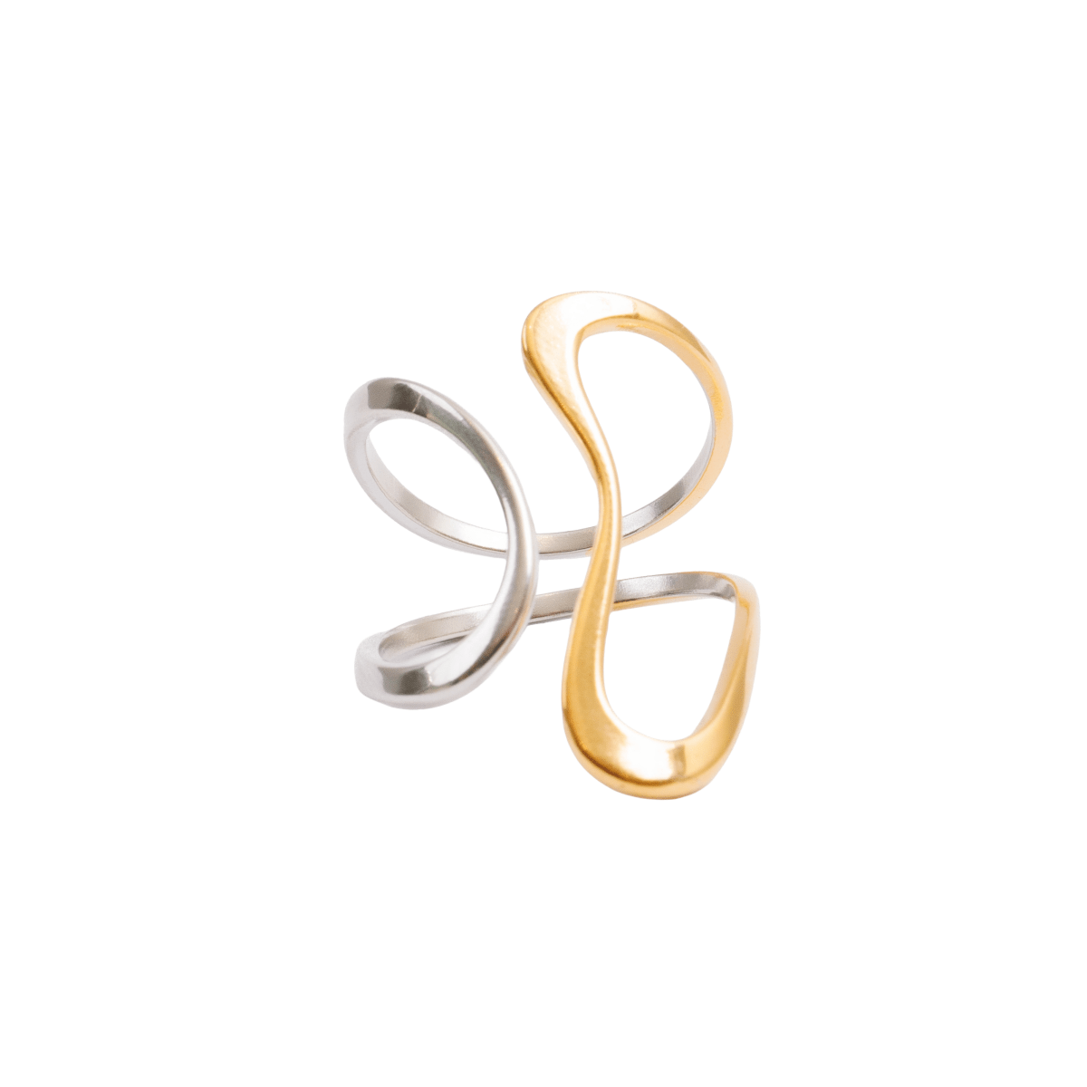 Adjustable contour ring with a mix of gold and silver plating.