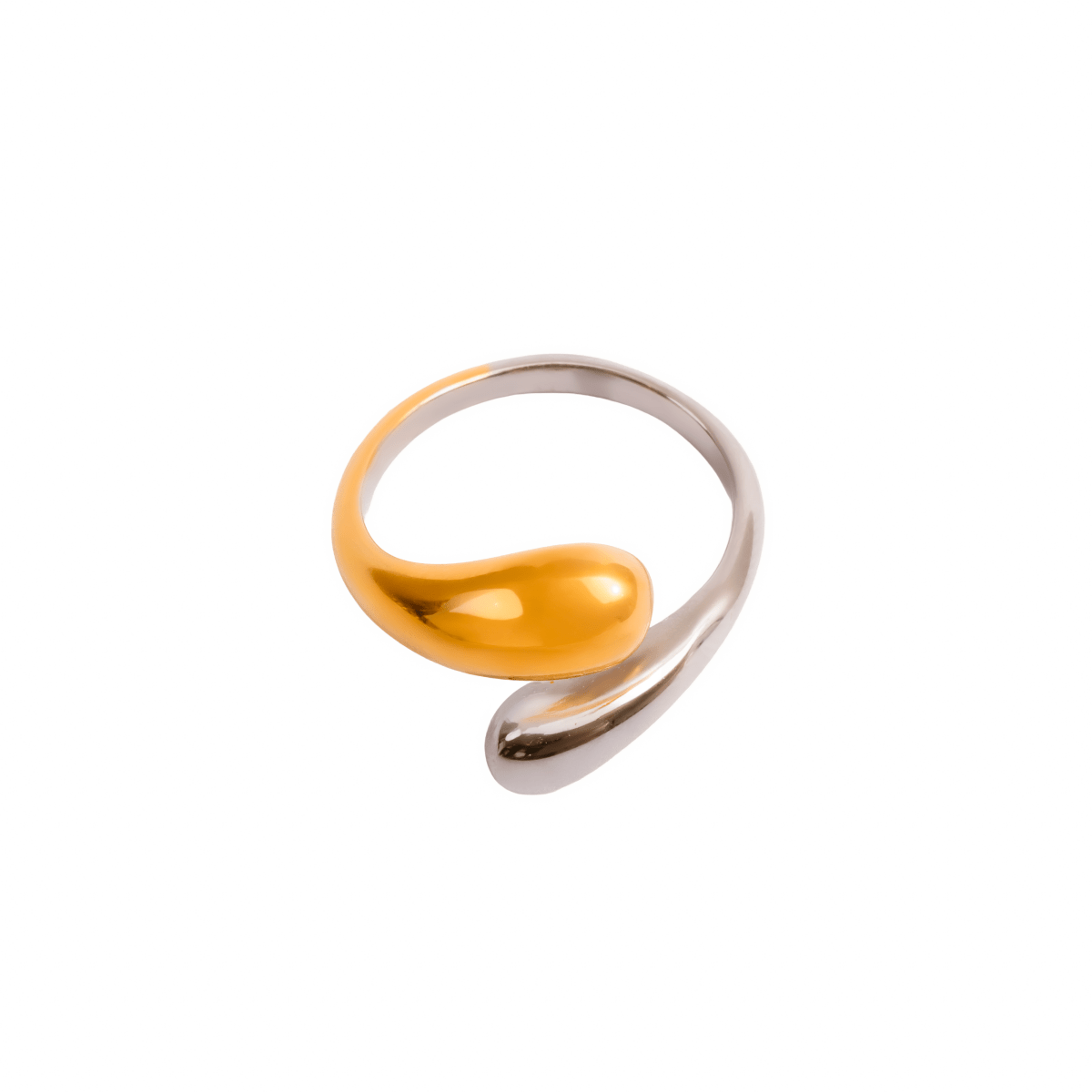 Adjustable teardrop ring with a mix of gold and silver plating.