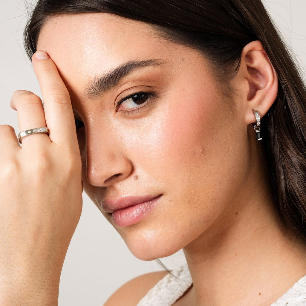 Black Diamond Hoop Earrings - Silver