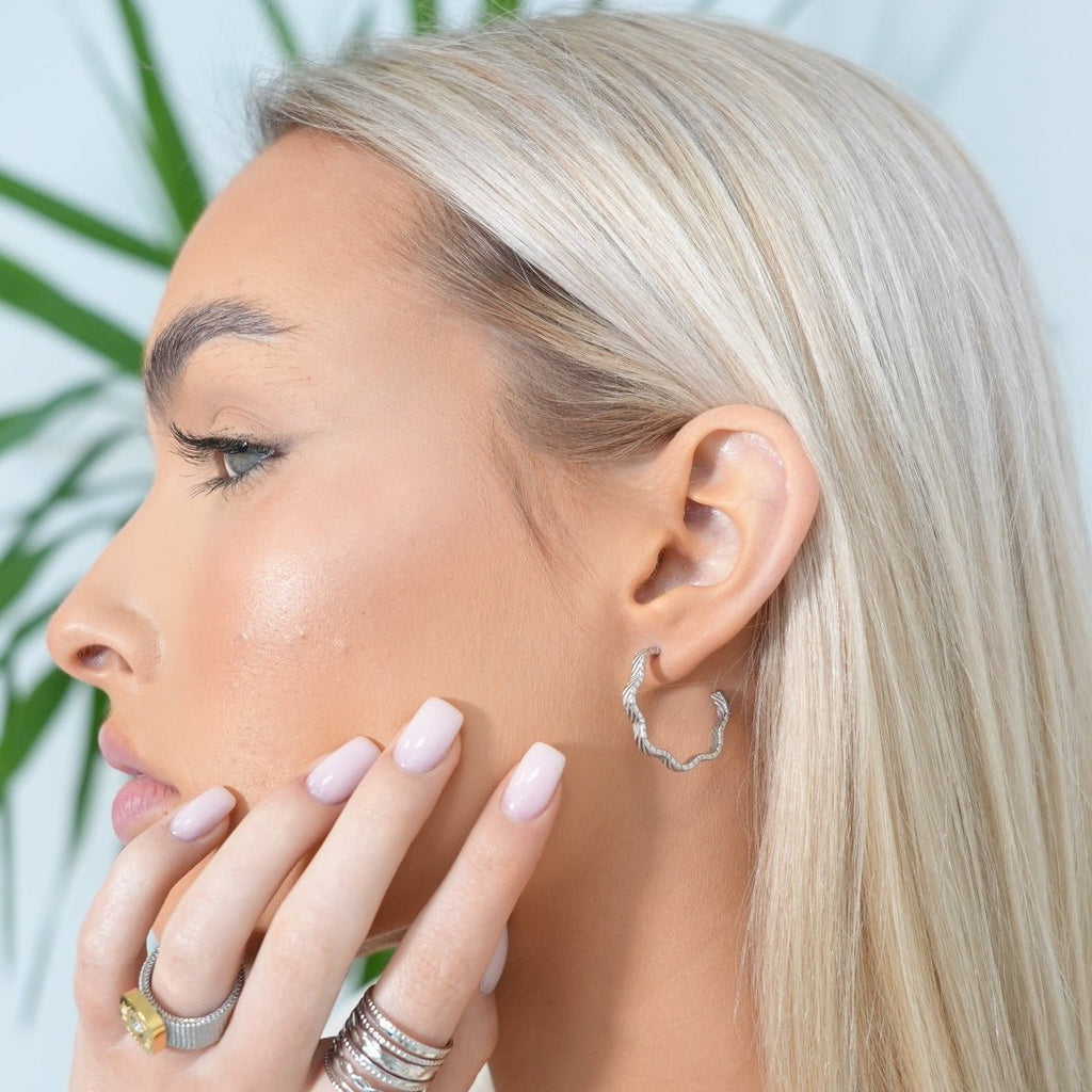 Wavy Texture Hoop Earrings - Silver
