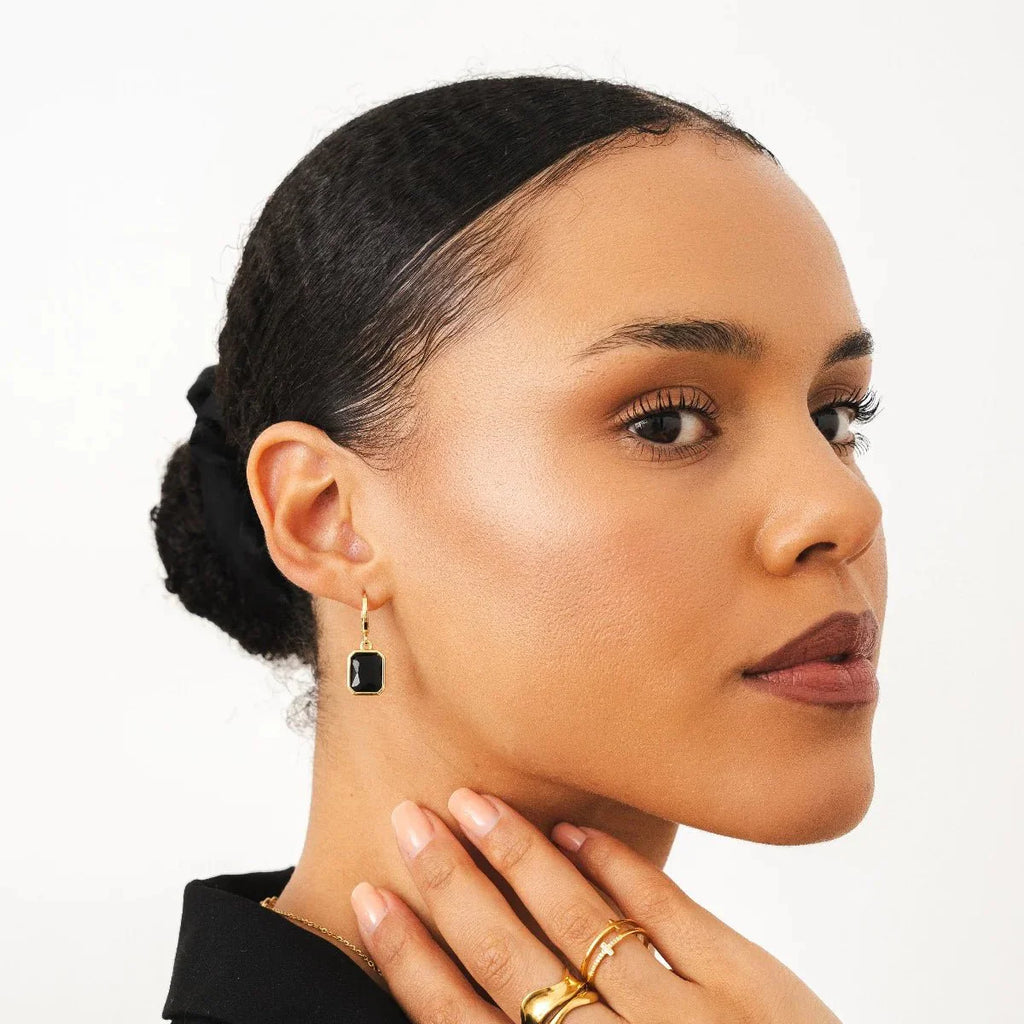 Black Crystal Hoop Earrings Plated in 18k Gold