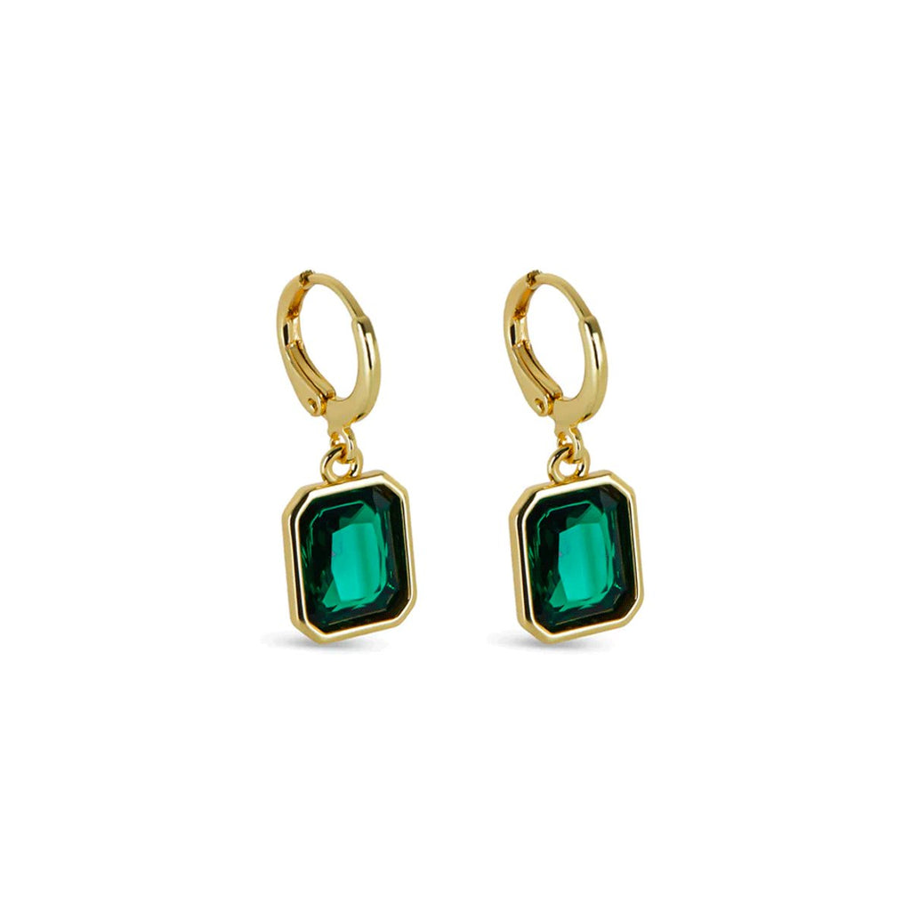 Small hoop earring with green crystal, 18k gold plated.