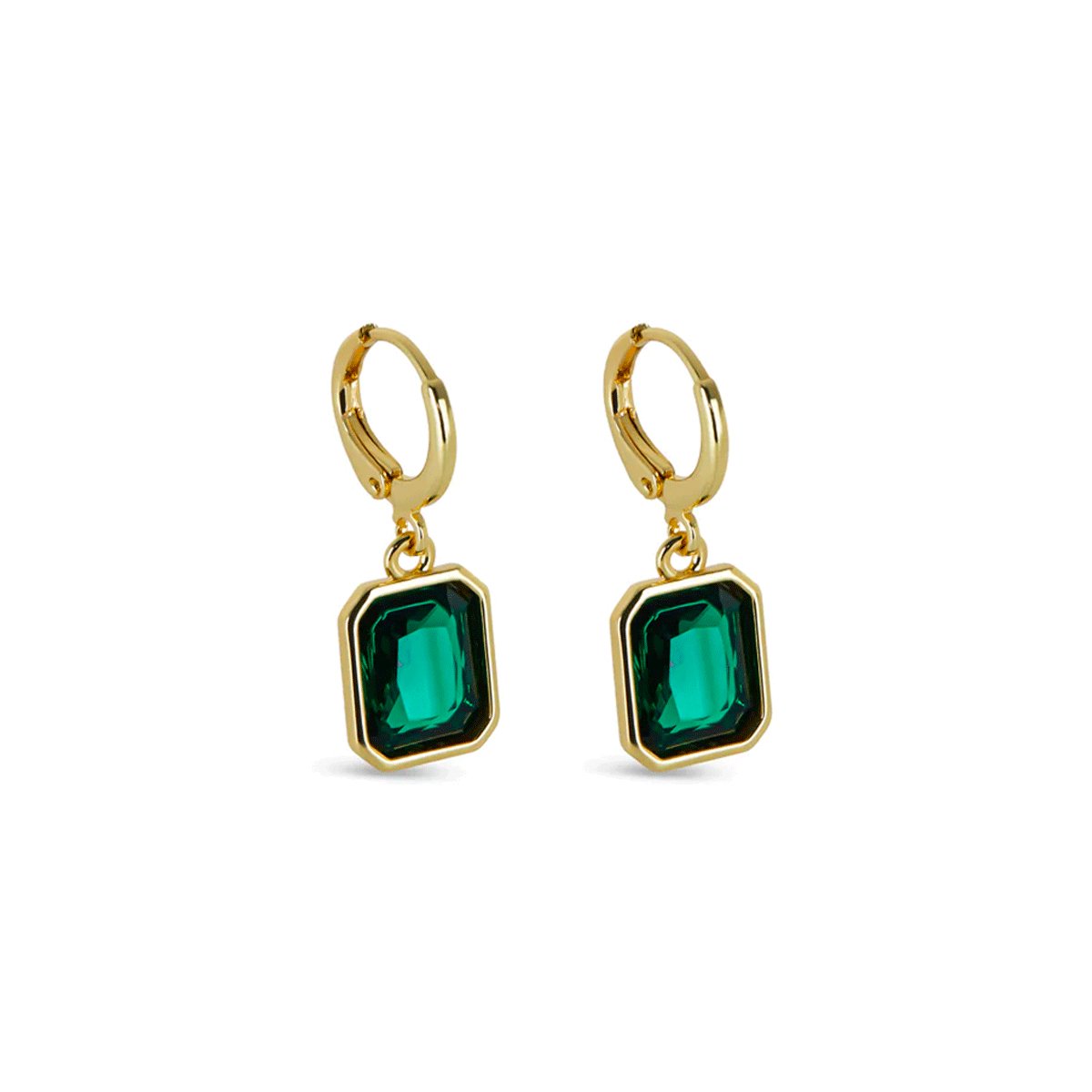 Small hoop earring with green crystal, 18k gold plated.