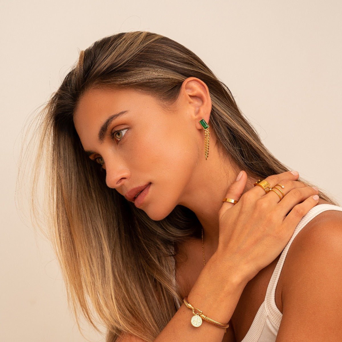 Elisabeth Chain Earrings with Emerald Zirconia, 18K Gold Plated