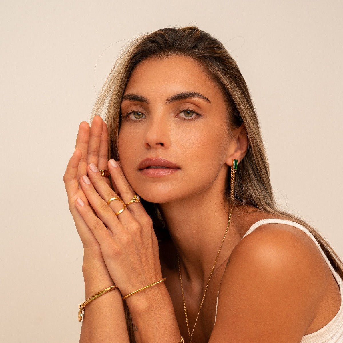 Elisabeth Chain Earrings with Emerald Zirconia, 18K Gold Plated