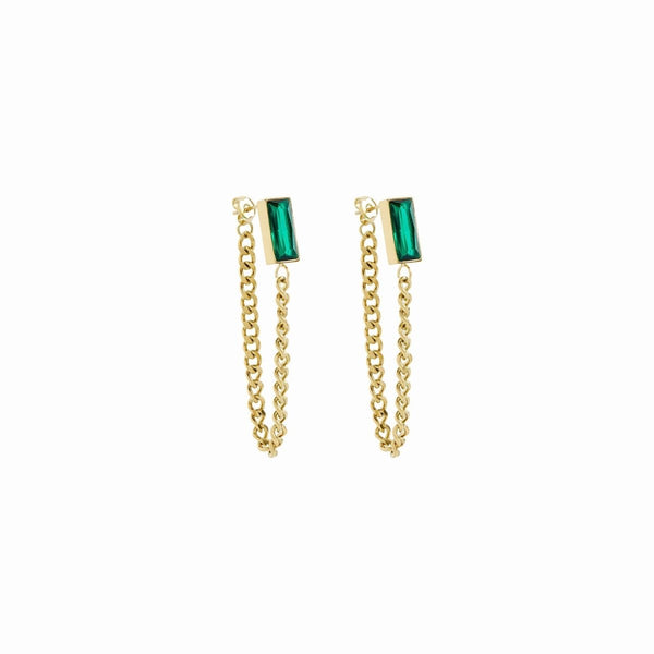 Elisabeth Chain Earrings with Emerald Zirconia, 18K Gold Plated