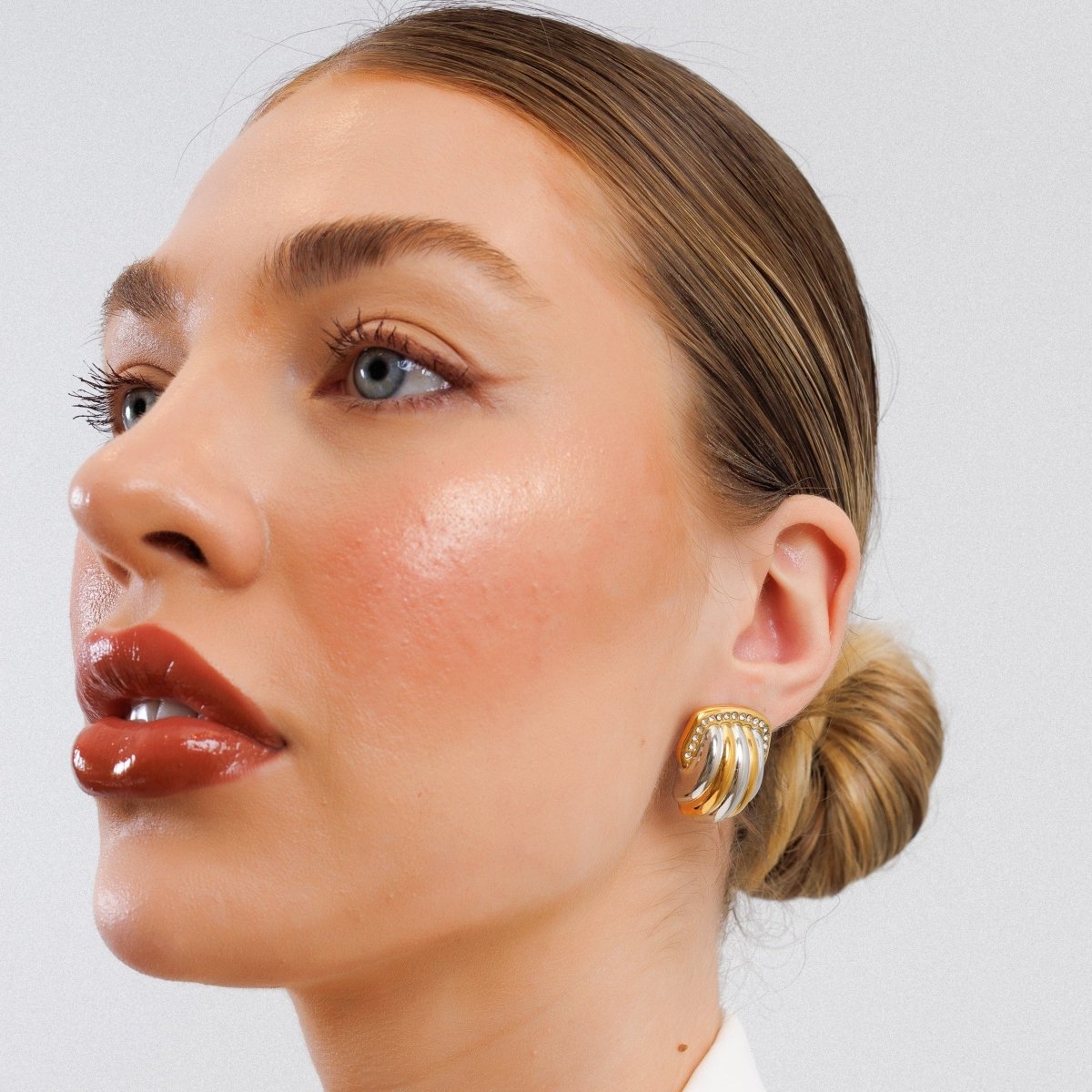 Crystal Dome Earrings with a Mix of Gold and Silver Plating