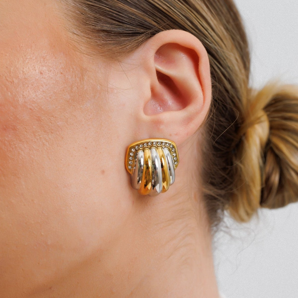 Crystal Dome Earrings with a Mix of Gold and Silver Plating