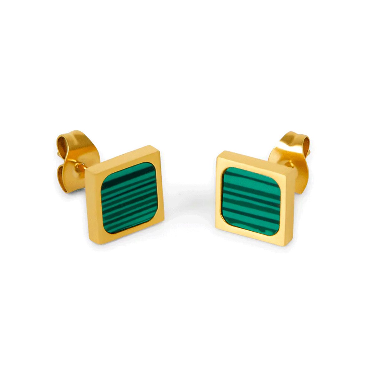 Geometric Earrings with Green Stone, 18k Gold Plated