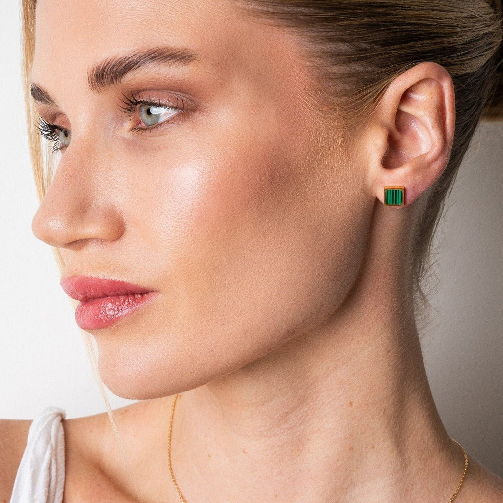 Geometric Earrings with Green Stone, 18k Gold Plated