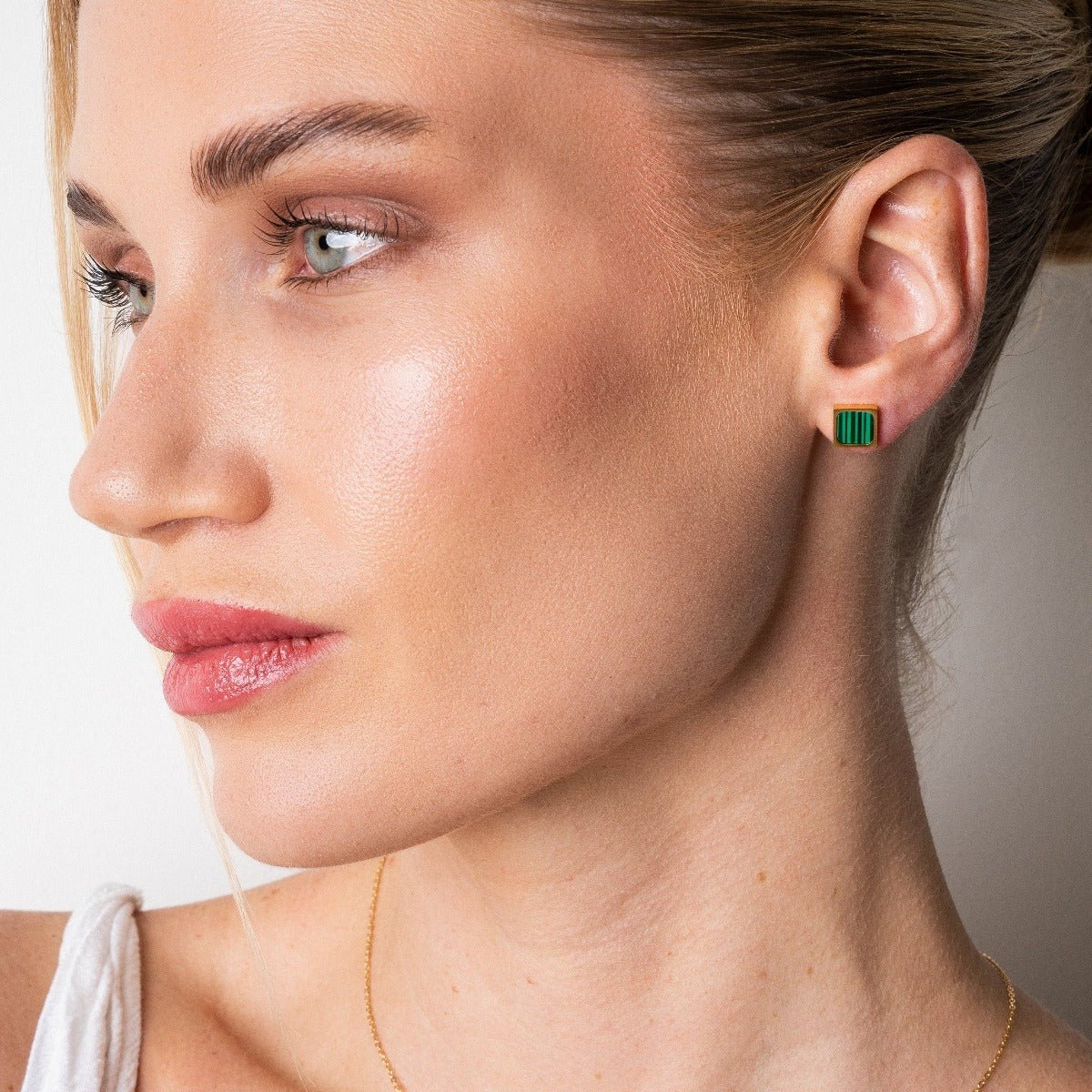 Geometric Earrings with Green Stone, 18k Gold Plated