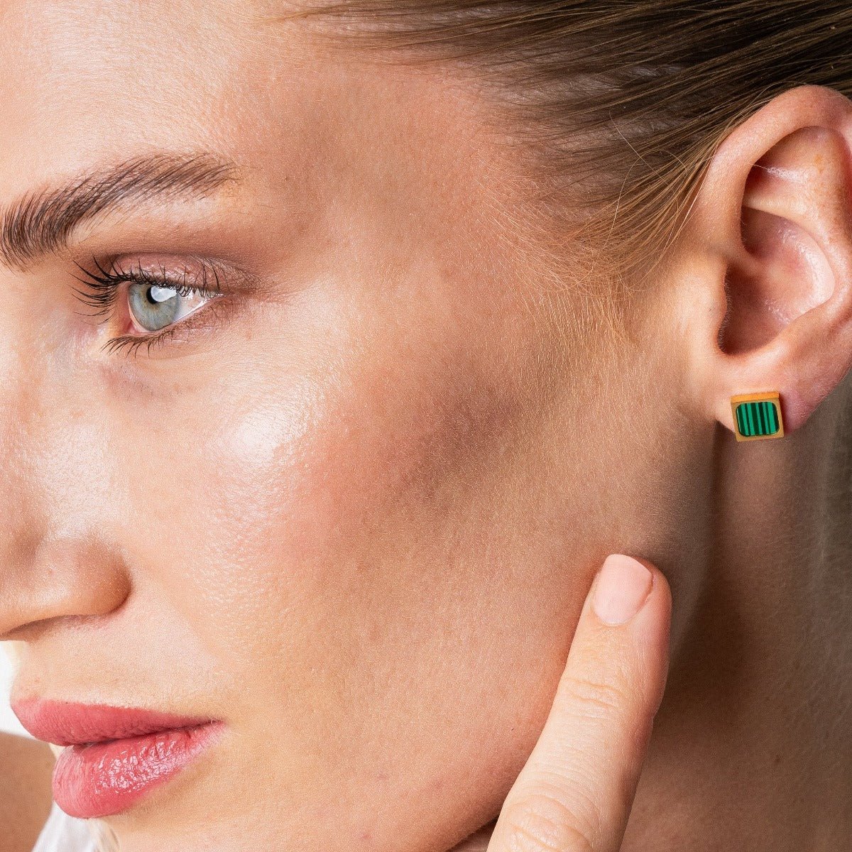 Geometric Earrings with Green Stone, 18k Gold Plated
