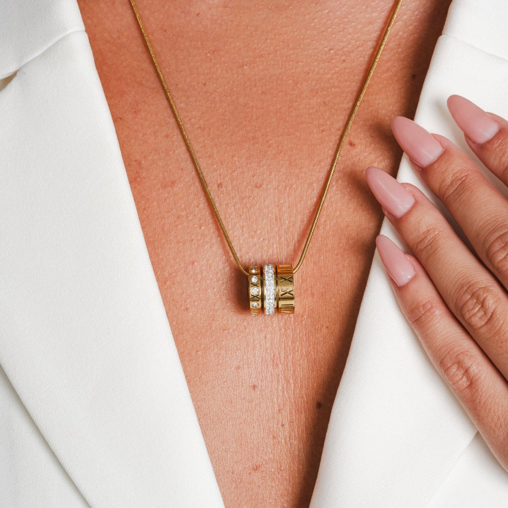 Triple Hoop Necklace with Roman Numerals, 18k Gold Plated