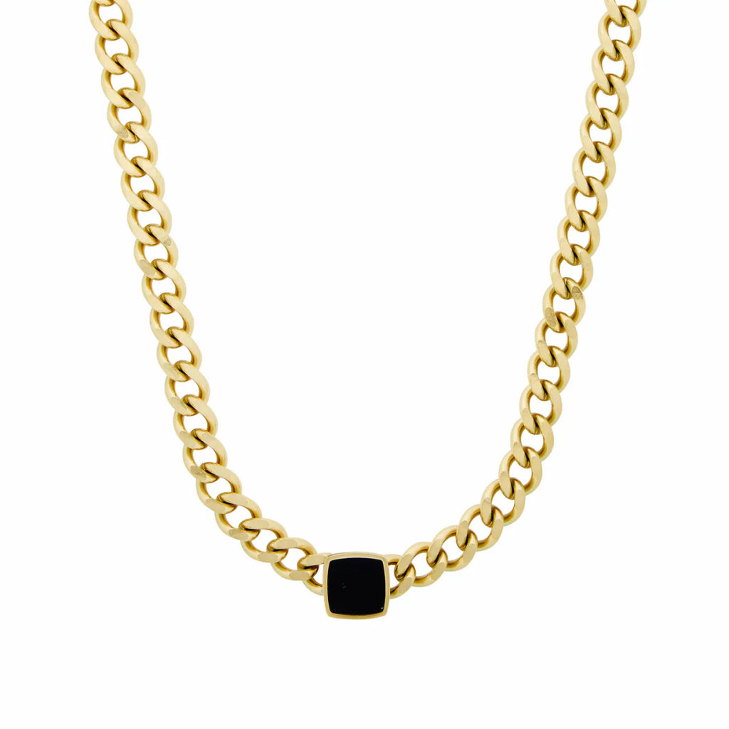 Necklace with Square Onyx Stone and Chain, 18K Gold Plated