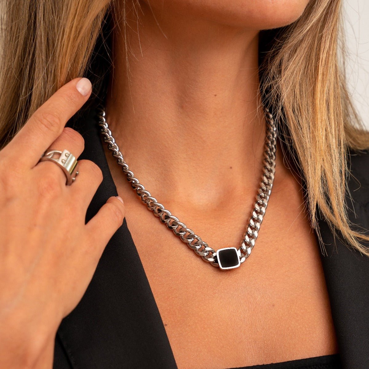 Necklace with Square Onyx Stone Chain - Silver
