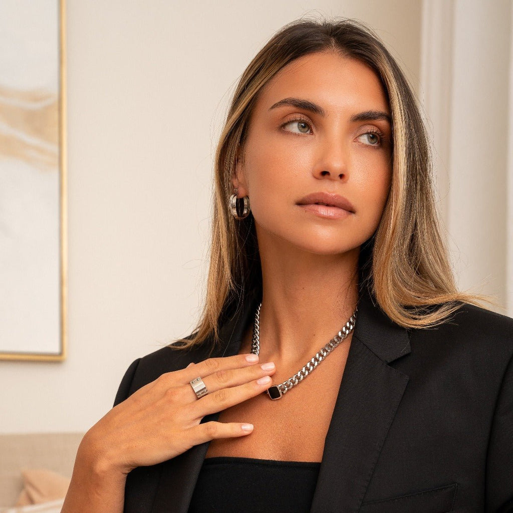 Necklace with Square Onyx Stone Chain - Silver