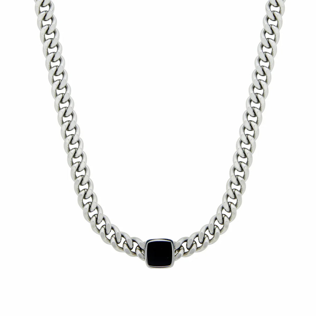 Necklace with Square Onyx Stone Chain - Silver