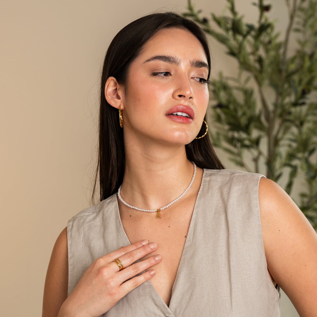 Initial Letter Necklace with Pearl, 18K Gold Plated