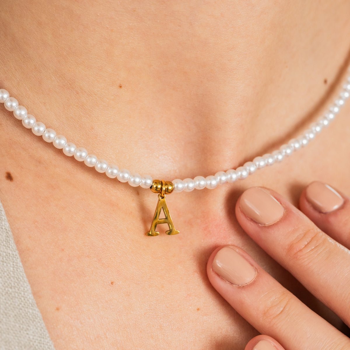Initial Letter Necklace with Pearl, 18K Gold Plated