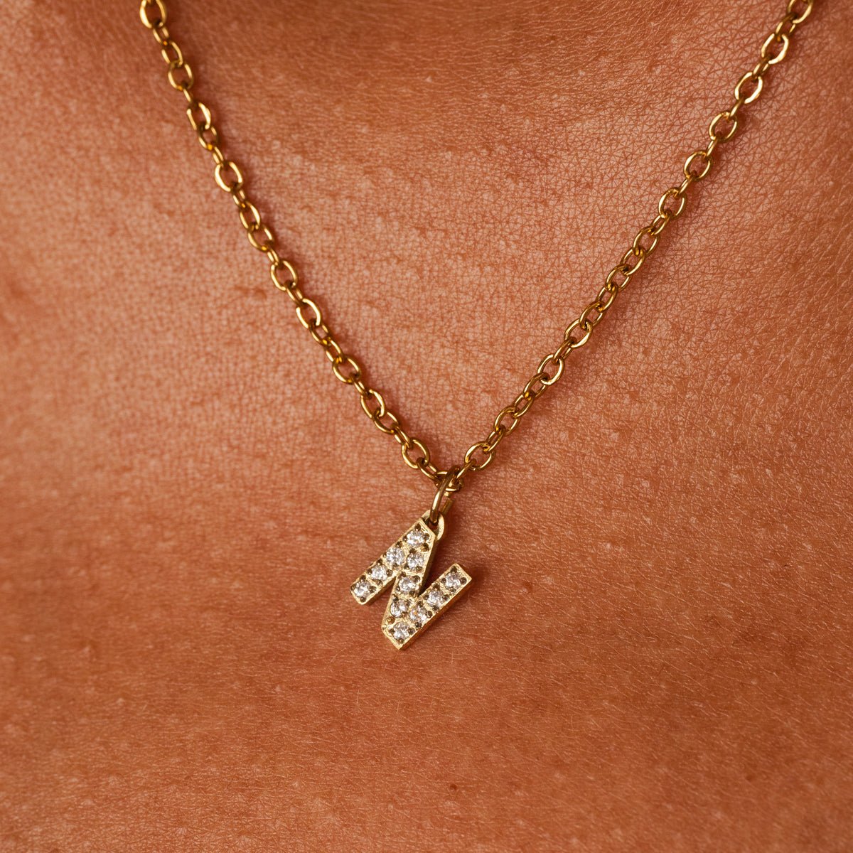 Initial Letter Necklace with Stone, 18K Gold Plated