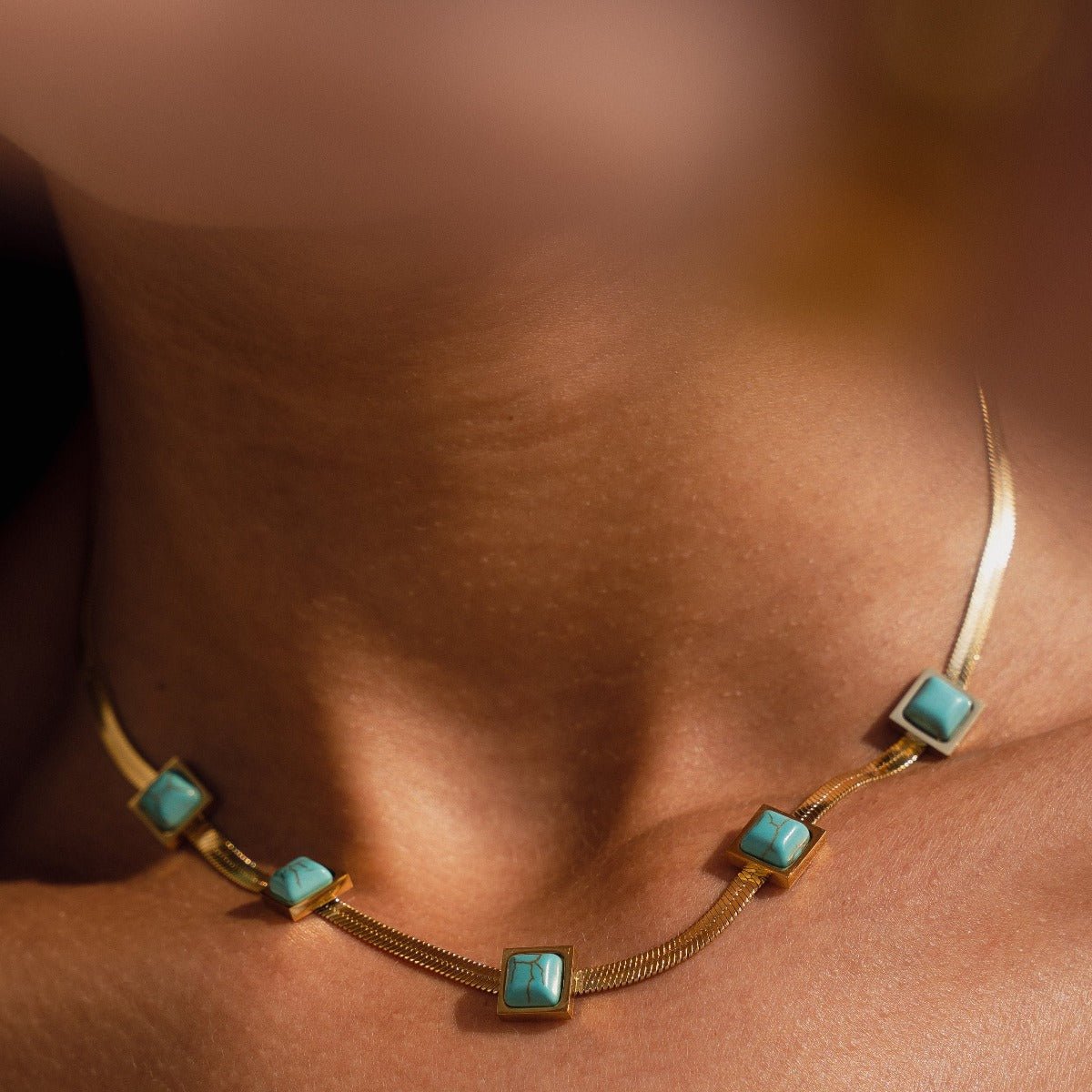 Aqua Stone Mesh Necklace Plated in 18K Gold