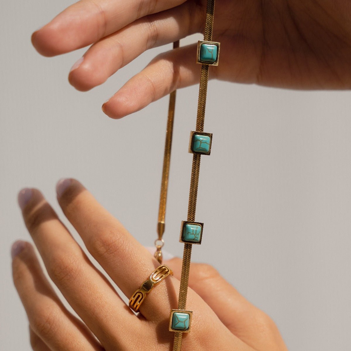 Aqua Stone Mesh Necklace Plated in 18K Gold