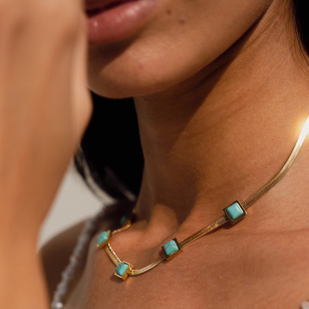 Aqua Stone Mesh Necklace Plated in 18K Gold