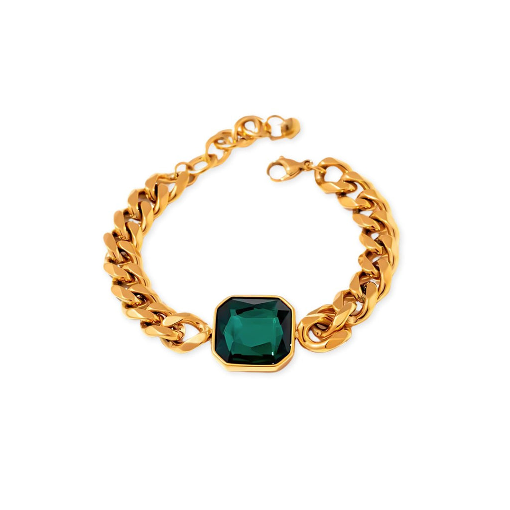 Rich Bracelet with Emerald Green Stone, 18k Gold Plated