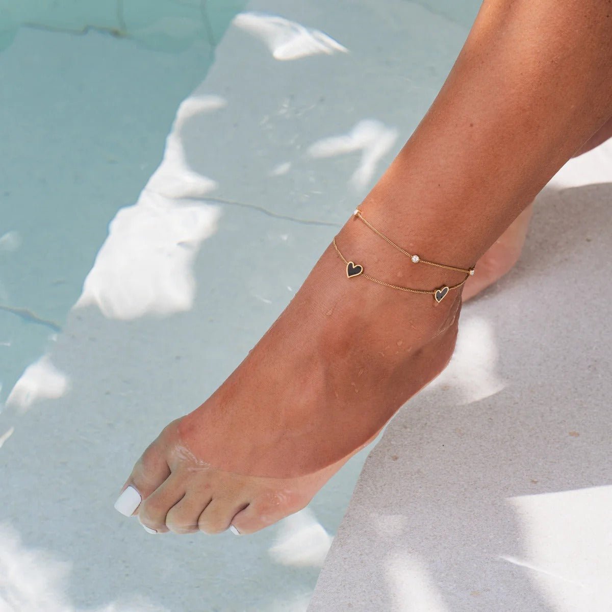 Double Heart Anklet with Stone, 18K Gold Plated