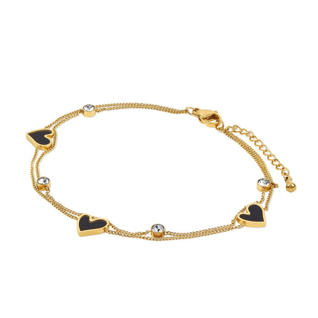 Double Heart Anklet with Stone, 18K Gold Plated