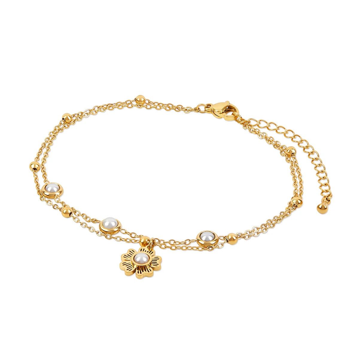 Double Pearl Floral Anklet Plated in 18K Gold