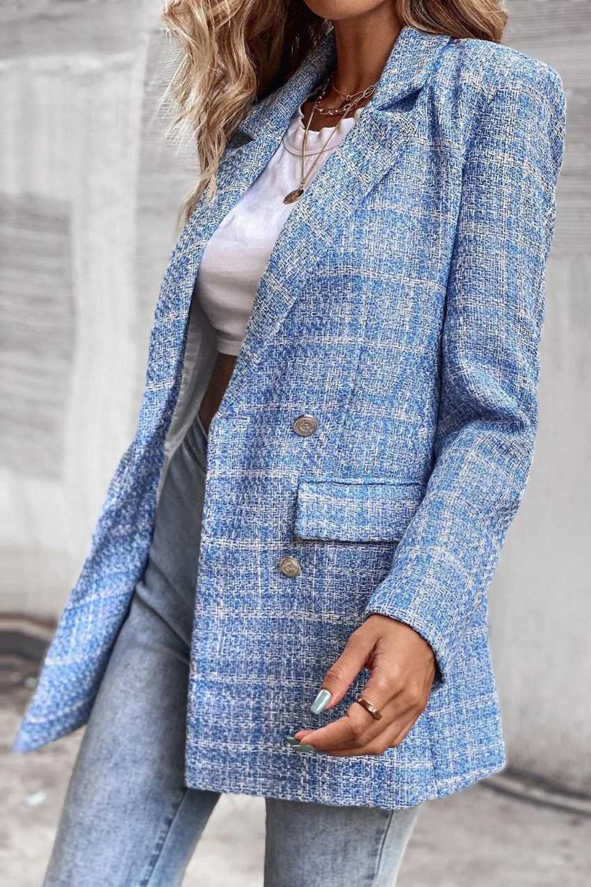 Blazer Tweed Trançado Azul Botão Duplo