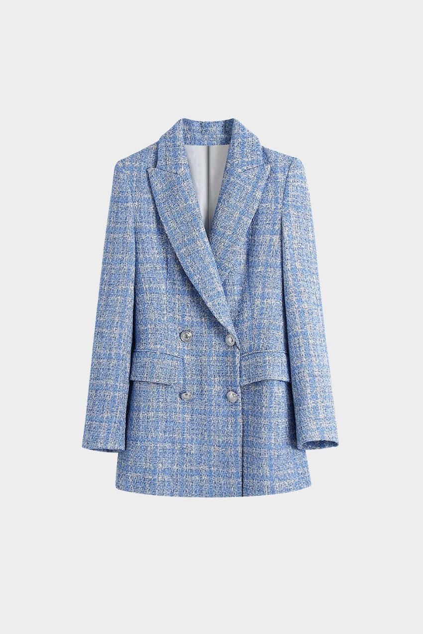 Blazer Tweed Trançado Azul Botão Duplo