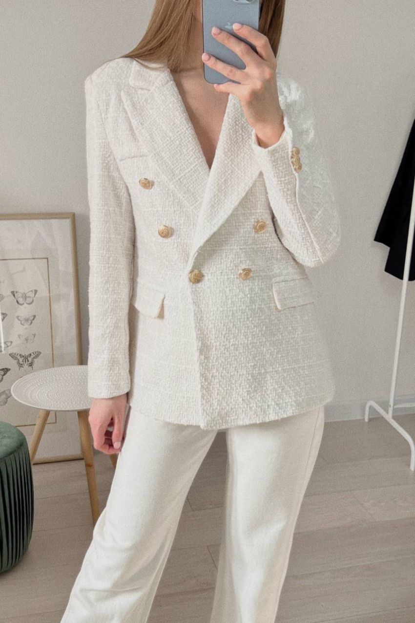 Blazer Tweed Branco Botão Duplo