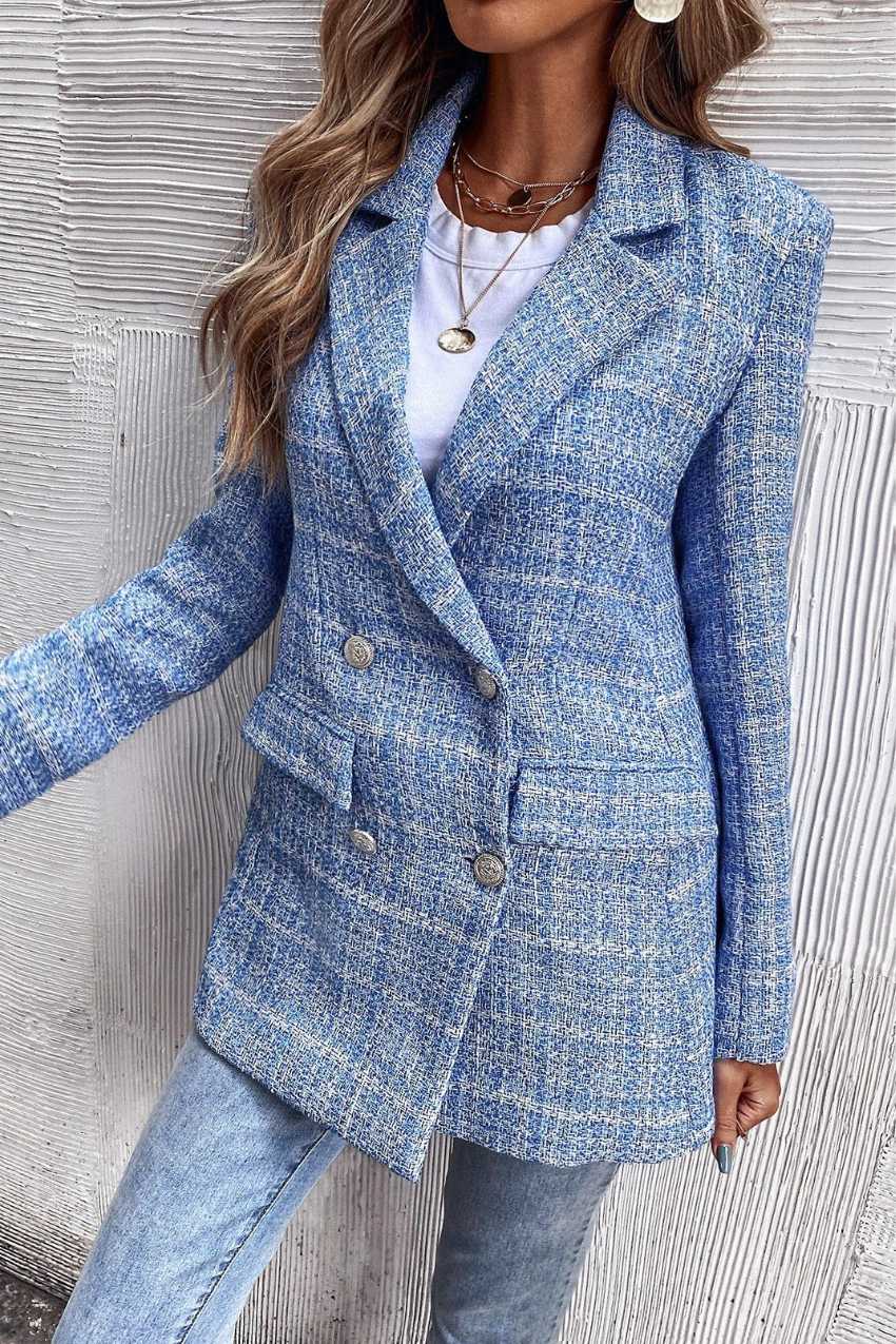 Blazer Tweed Trançado Azul Botão Duplo