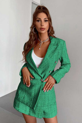 Blazer Tweed Botão Duplo Elegante Verde