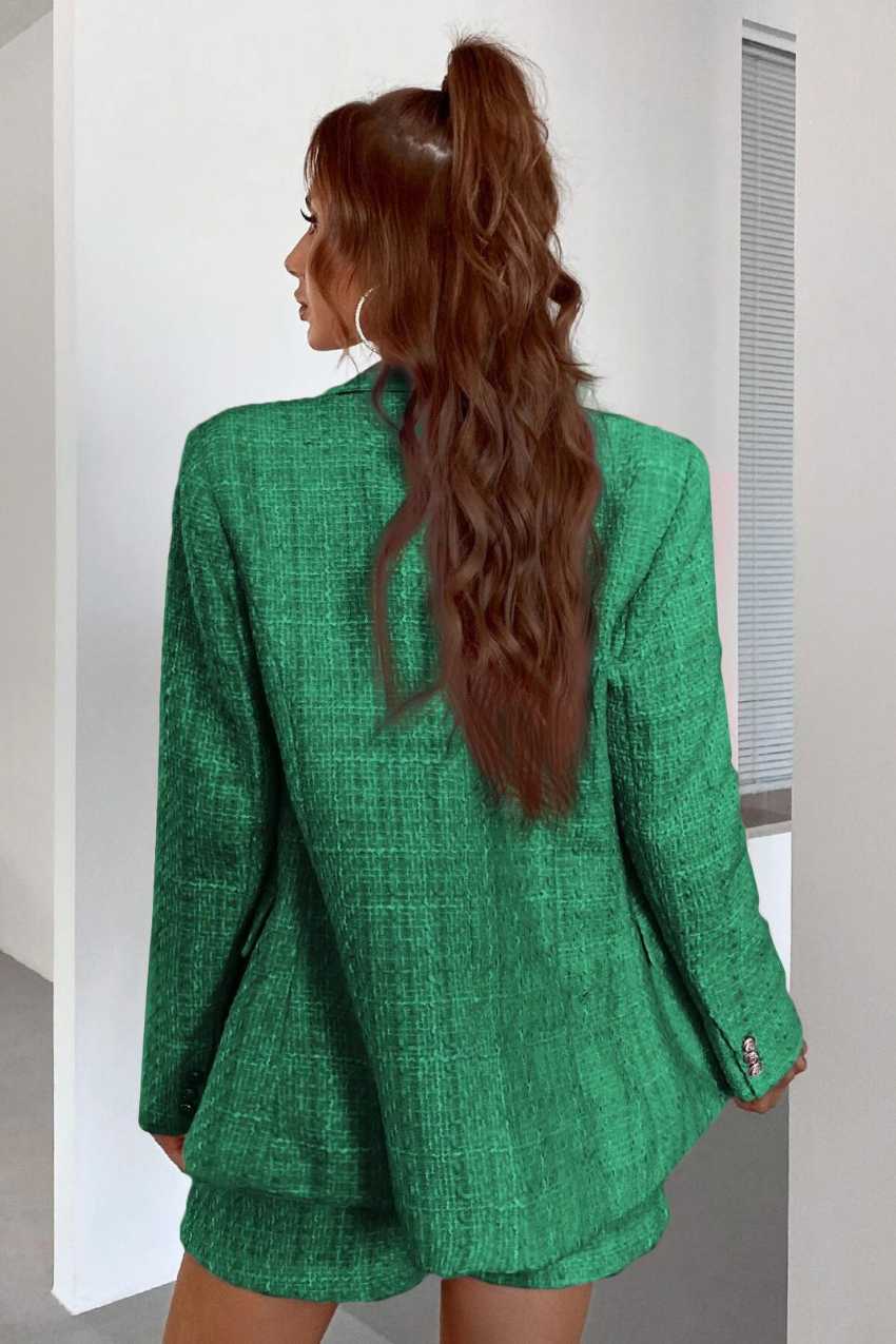 Blazer Tweed Botão Duplo Elegante Verde