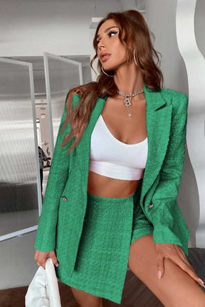 Blazer Tweed Botão Duplo Elegante Verde