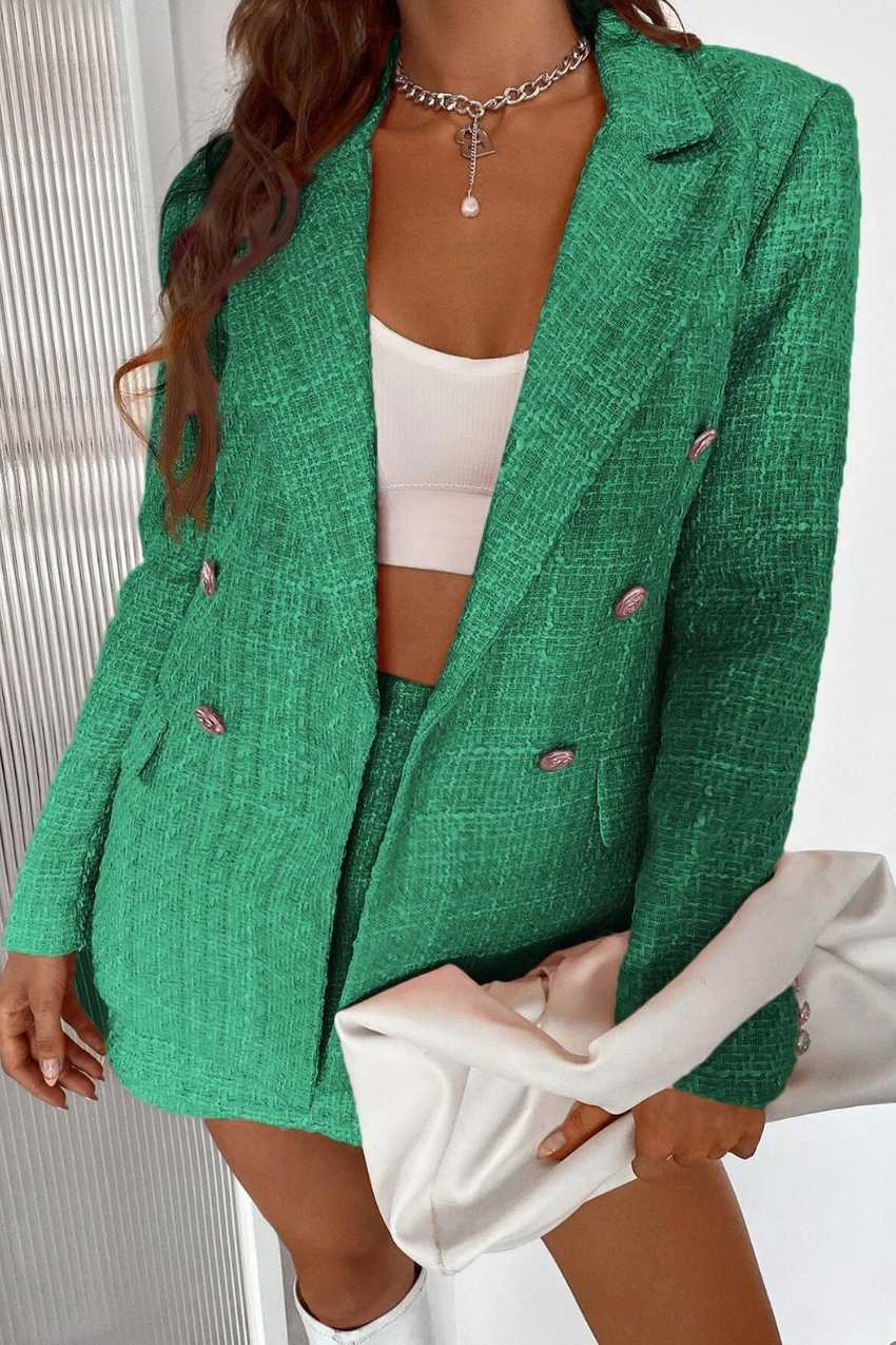 Blazer Tweed Botão Duplo Elegante Verde